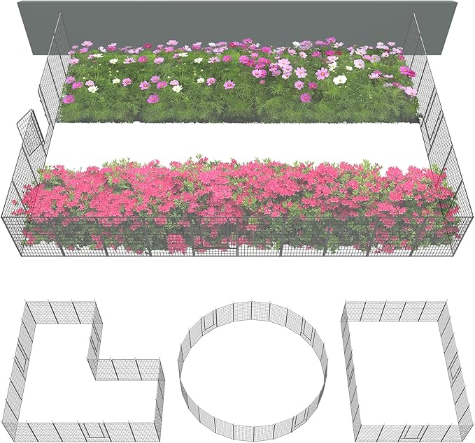 FXW Garden Fence Outdoor for The Yard – 50in(H) x 62.6ft(L) Heavy Duty Metal Animal Barrier for Dog and Rabbit, Decorative Dog Fence, 24 Panels, Silver