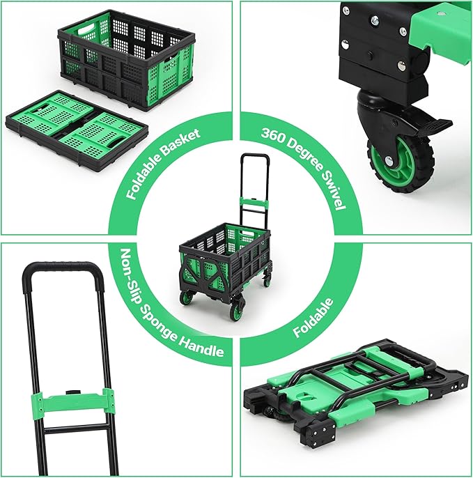 2-in-1 Folding Hand Truck with Basket, Heavy Duty 330LBS Collapsible Cart, Convertible Dolly & 4-Wheel Portable Shopping Cart for Groceries, Travel, Moving - Green