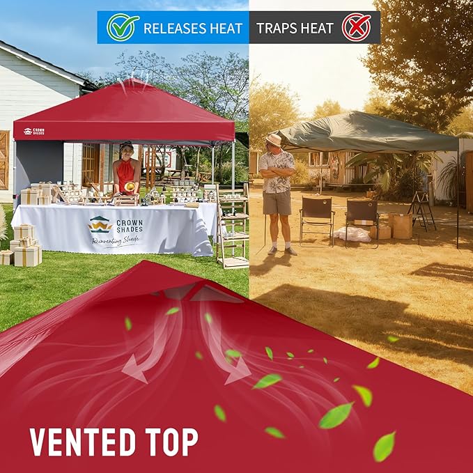 CROWN SHADES 12x12 Pop Up Canopy Tent Instant Commercial with 150D Silver Coated Fabric Including 1 Removable Sidewall, 4 Ropes, 8 Stakes, Weight Bags, STO 'N Go Bag, Red