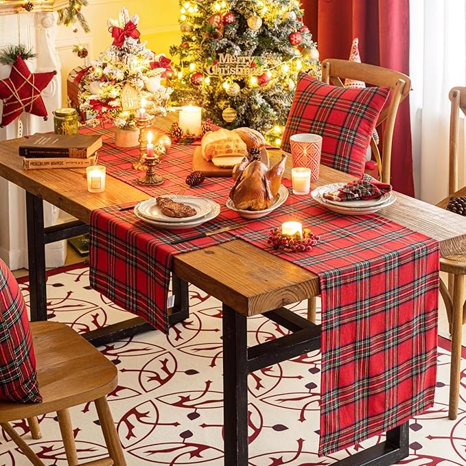 Red Green Plaid Christmas Table Runner, Winter Holiday Table Runners 36 inches Long, Xmas Decorations Indoor Outdoor Farmhouse Home Kitchen Dining Party Decor