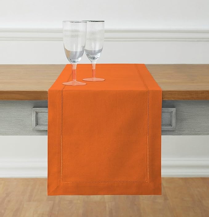 Solino Home Cotton Linen Pumpkin Table Runner 90 Inches Long - Hemstitch 14 x 90 Inch Table Runner - Handcrafted and Machine Washable