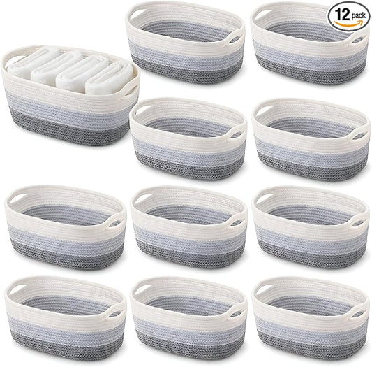 12 Pack Easter Woven Baskets for Gifts Empty Large Cotton Rope Square Storage Baskets with Handle for Organizing Shelves, Toys, Books, Towels, Clothes, 12.6" L x 8.7" w x 6" h(Gray)