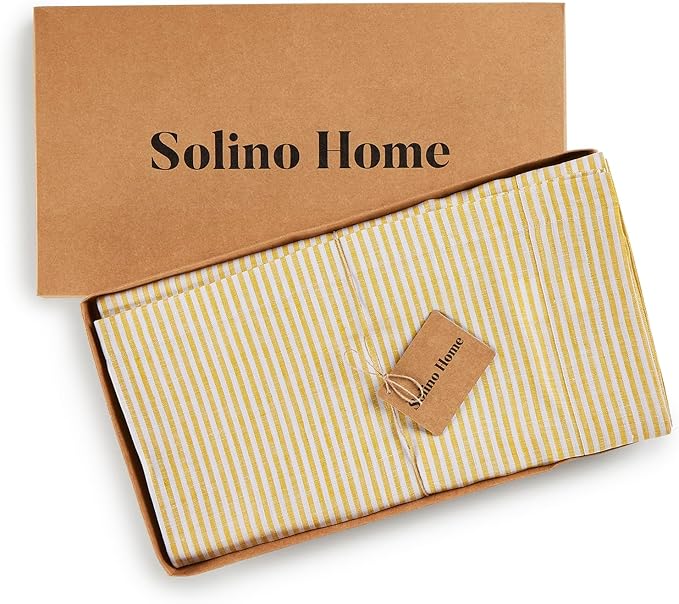 Solino Home Linen Table Runner 132 Inches Long - Narrow Stripe, 100% Pure Linen Spicy Mustard and White Table Runner 14 x 132 Inch for Dining, Spring, Easter