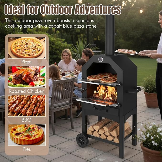 Outdoor Wood Fired Pizza Oven with Firewood Storage, Side Shelves, Cordierite Pizza Stone & Peel, 2 Cooking Grills, Thermometer, Portable Patio Pizza Maker for Backyard Parties and Camping