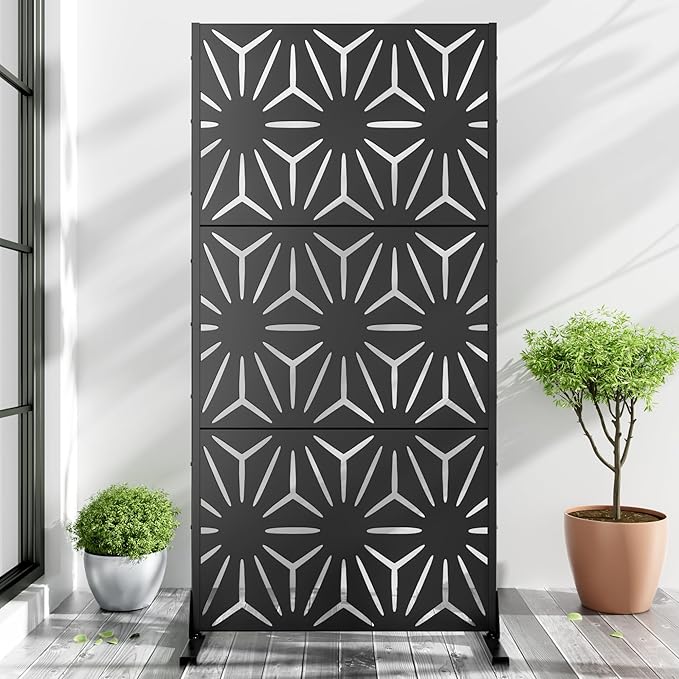 Casaphoria Metal Privacy Screen Outdoor, 72" H x 35" W Freestanding Decorative Privacy Screen for Patio Deck Balcony Garden with Stable Base, Black-Star