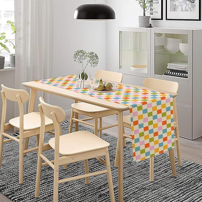 Retro Checkered Table Runner, 60s 70s Summer Seasonal Table Runners for Kitchen Dining Indoor Outdoor Holiday Home Wedding Party 13x36in