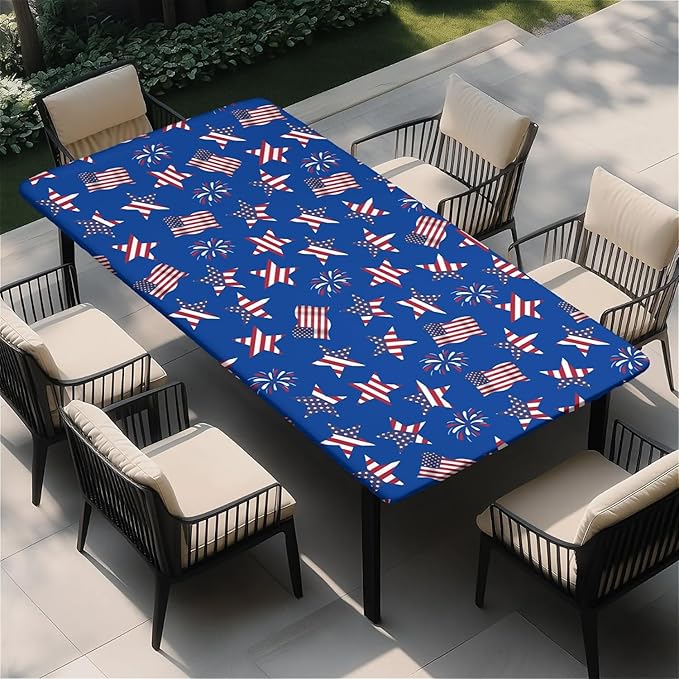 Rectangle Table Cloth Cover Waterproof Elastic Fitted Polyester Fitted Tablecloths for 6 Foot Tables for Indoor,Picnic, Camping, Outdoor （72" x 30"，American Flag）