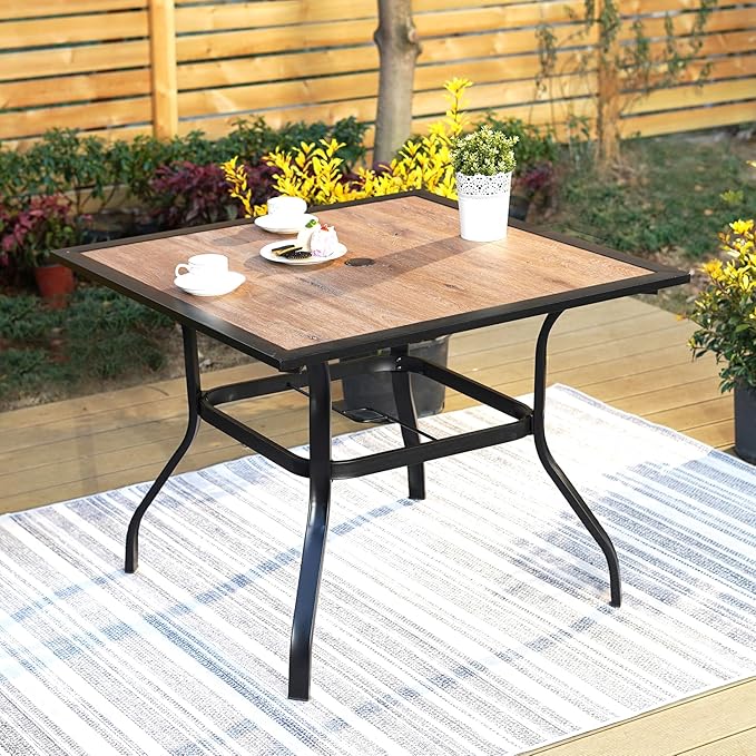 Outdoor Patio Square Dining Table, 37"x 37" Wood-Like Tabletop with Adjustable Umbrella Hole and Faux Wood Tabletop, All Weather Wrought Iron Black Outdoor Table for Deck Lawn Backyard