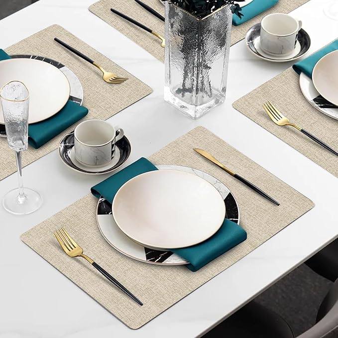 Faux Leather Heat Resistant Placemats Set of 8 – Waterproof Oilproof Wipeable Dining PU Vinyl Place Mat Easy Clean Table Mats for Kitchen/Dining/Party/Holiday, Beige