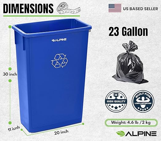 Alpine Commercial Slim Trash Can 23 Gallon - Set of 3 Tall Blue Recycle Bin – Space-Saving, Leakproof Plastic Waste Receptacles for Office, Janitorial & Public Use