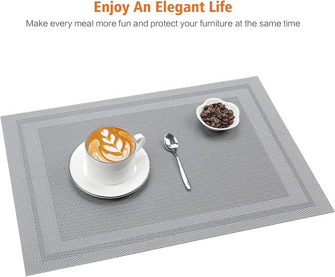 Placemats Set of 8,Washable,Heat and Stain Resistant Indoor/Outdoor Place mats,Vinyl Woven Non Slip Table Mats for Restaurant Table Protection,PVC Placemats(Gray,8PCS)