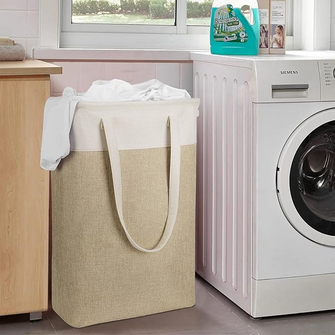 Laundry Hampers 15.2Lx7.5Wx23H Small&Tall Slim Fabric Laundry Baskets Thin Narrow Beige+Khaki Compact Hamper Capacity 43L for Space-Saving,QY-SC24-2