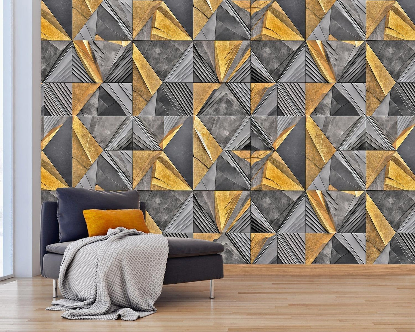 AFZEVEB-3D Geometric Wall Mural Gray and Gold Wallpaper for Bedroom 136"x96"(Not Peel and Stick)
