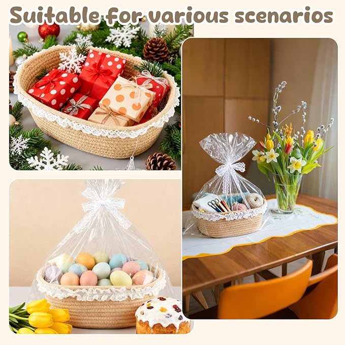 2 Pcs Small Wicker Hand-Woven Rattan Baskets with Clear Gift Bags and Lace Ribbons 12"X 8" X 5" for Baby Diaper Caddy Basket Baby Shower Gifts Easter Egg Storage