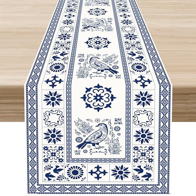 Mexican Table Runner, Blue Floral Birds Mexico Talavera Tiles Ceramic Dia De Los Muertos Coffee Table Center Decor for Family Kitchen and Dining Farmhouse Indoor Outdoor Table Decorations, 13"x36"