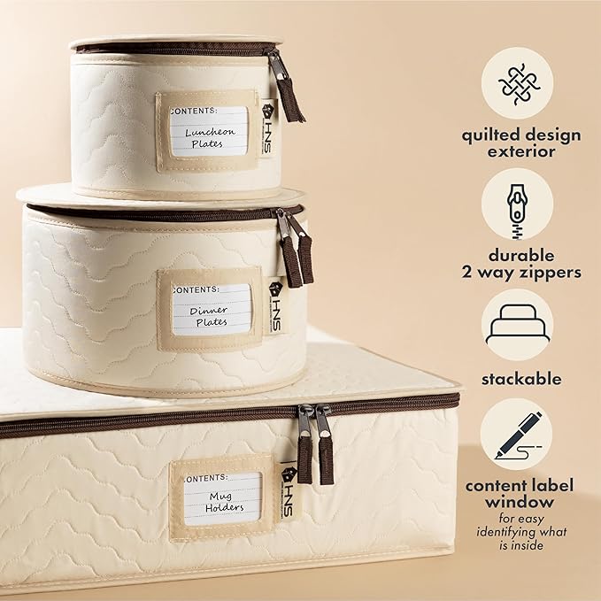 China Storage Hard Shell Containers 5-Piece Set Moving Boxes for Dinnerware, Glasses, Plates, Mugs and Saucers Sturdy Dish Organizer with Dividers for Seasonal Storage - Service for 12 - Beige Quilted