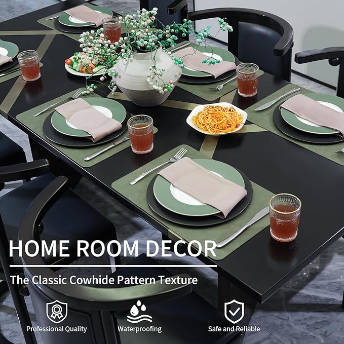 Cowhide Pattern Faux Leather Placemats Set of 6,Heat Resistant Non-Slip Waterproof Wipeable Washable Kitchen Dining PU Table Place Mats,Double-Sides Available,Green Brown