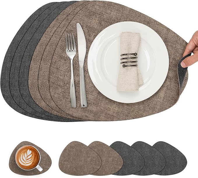 Placemats and Coasters, Washable Reversible Placemats Round Faux Leather Wipeable Place Mats Non Slip Heat Resistant Indoor Outdoor Table Mats (Set of 6, Gray Brown)