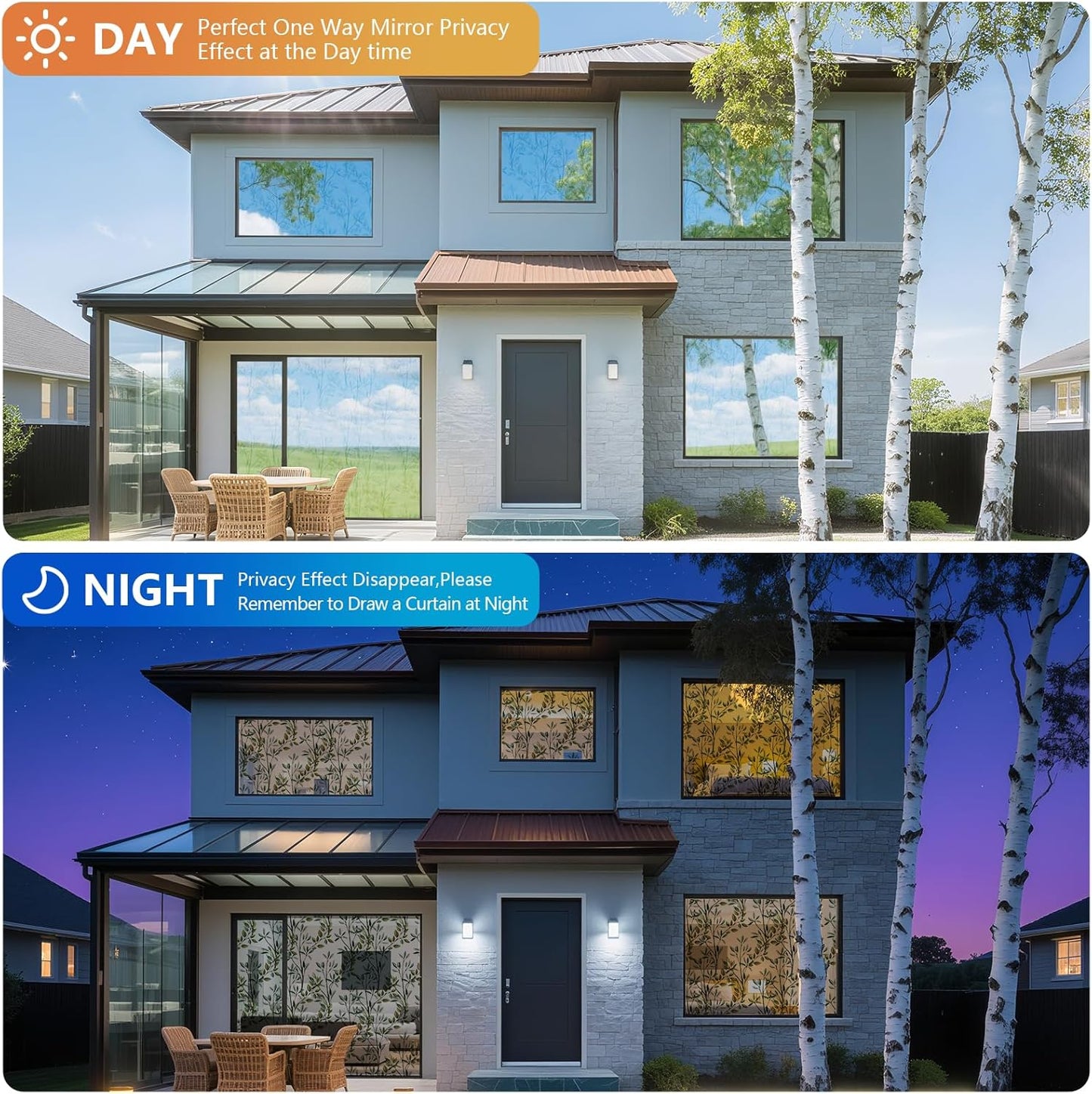 NINETREX One Way Window Privacy Film, Daytime Privacy Static Cling Sun Blocking Anti UV Reflective Window Tint for Home and Office 23.6 x 157.4 inches, Black Silver Leaf