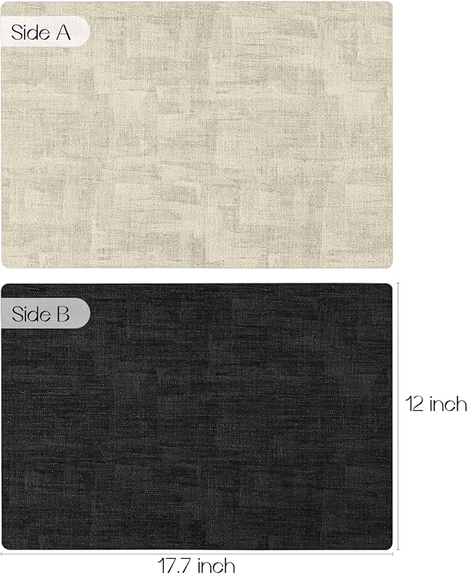 Romanstile Reversible Vinyl Placemats Set of 4, Faux Leather 100% Waterproof Oil-Proof Wipeable Place Mats, Heat Resistant Dual Sided Table Mats for Kitchen/Dining/Party (Black Beige, 12 x 17 Inch)