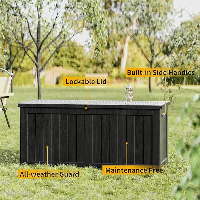 270 Gallon Resin Deck Box, Waterproof Outdoor Storage Box for Patio Furniture Cushions, Garden Tools, and Pool Accessories, Large Lockable UV-Resistant Storage Bin Bench Cabinet for Outside, Black