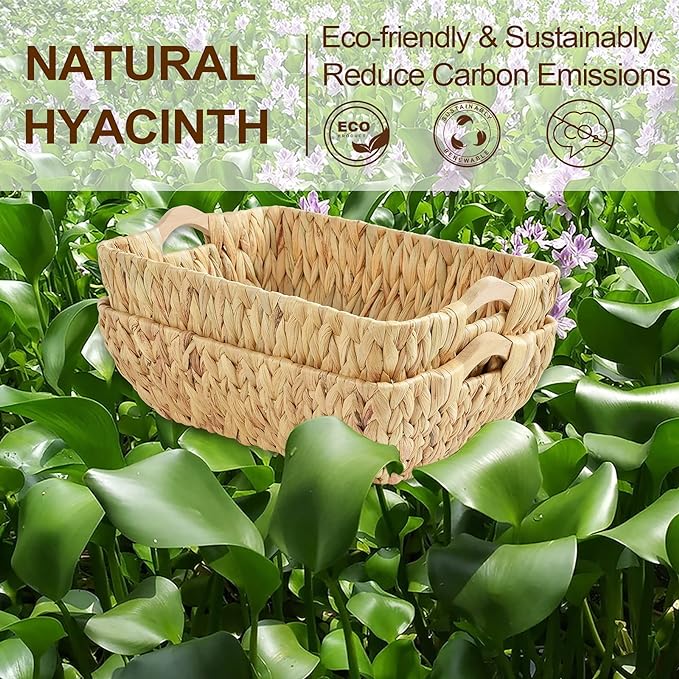 FairyHaus Wicker Baskets with Handles, Natural Wicker Basket for Organizing Shelves, Small Hand Woven Water Hyacinth Storage Baskets Set of 2, 14.96x10.04x4.73
