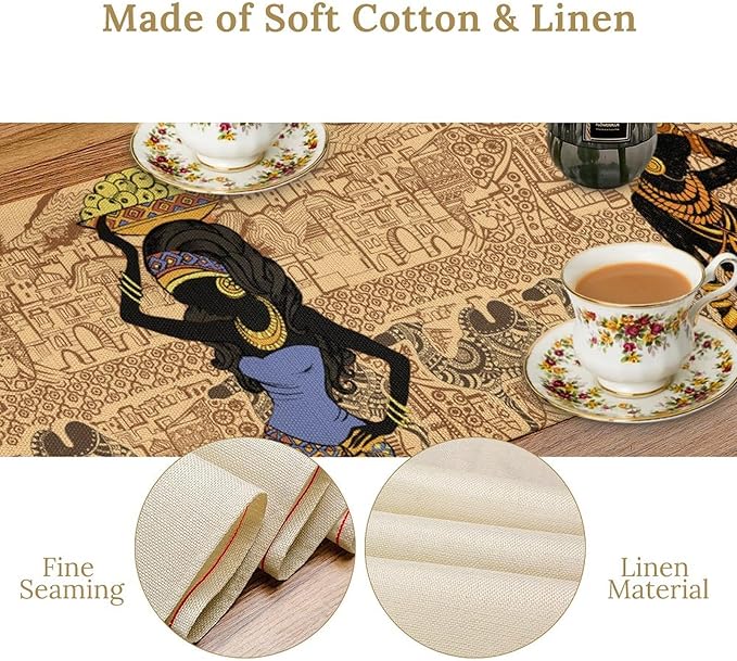 African Black Woman Table Runners, American Art Ethnic Tribe Elephant Table Runners for Wedding Party Banquet Dinner Kitchen Coffee 13x36in