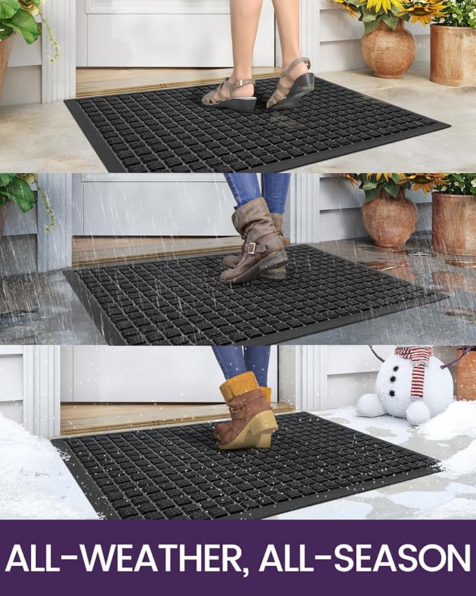DEXI Front Door Mat Outside Entrance, 2x3 ft Rubber Entry Doormat Heavy Duty, Welcome Mats Non Slip for Inside House Floor Entryway Double Doors Exterior Patio, Checkered Black