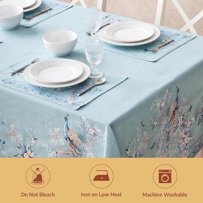 Maison d' Hermine Premium Table Cloth Rectangle Table 100% Combed Cotton 90 x 70 Inches Tablecloth Reusable Decorative for Dining Room Home Party Festive Wedding - Peacock Utopia - Pastel Turquoise