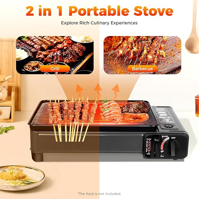 Portable Gas Grill Butane Stove, Tabletop BBQ Grill with Grilling Net and Baking Sheet for Camping Traveling Outdoor Cooking