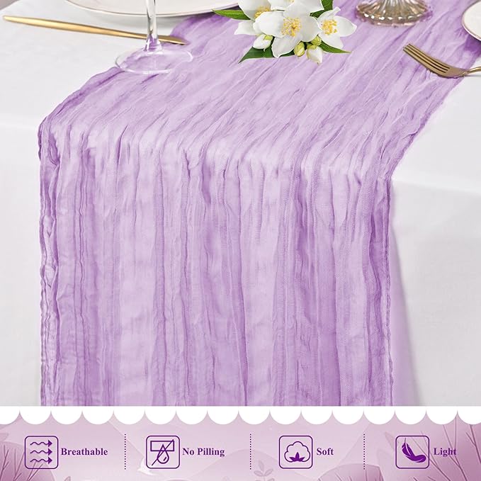 8 Packs Cheesecloth Table Runner 10FT Long Boho Gauze Fabric Table Runner Vintage Rustic Sheer Runners for Wedding Party Bridal Baby Shower Table Decorations (Lilac)