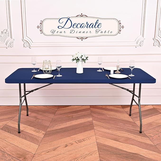 6 Pack Stretch Fabric Table Top Cap Cover, fits 6Ft Tables, Spandex Table Covers Washable Elastic Universal Rectangle Tablecloth Protector for Outdoor Party Picnic Wedding, Navy Blue, 30" W x 72" L