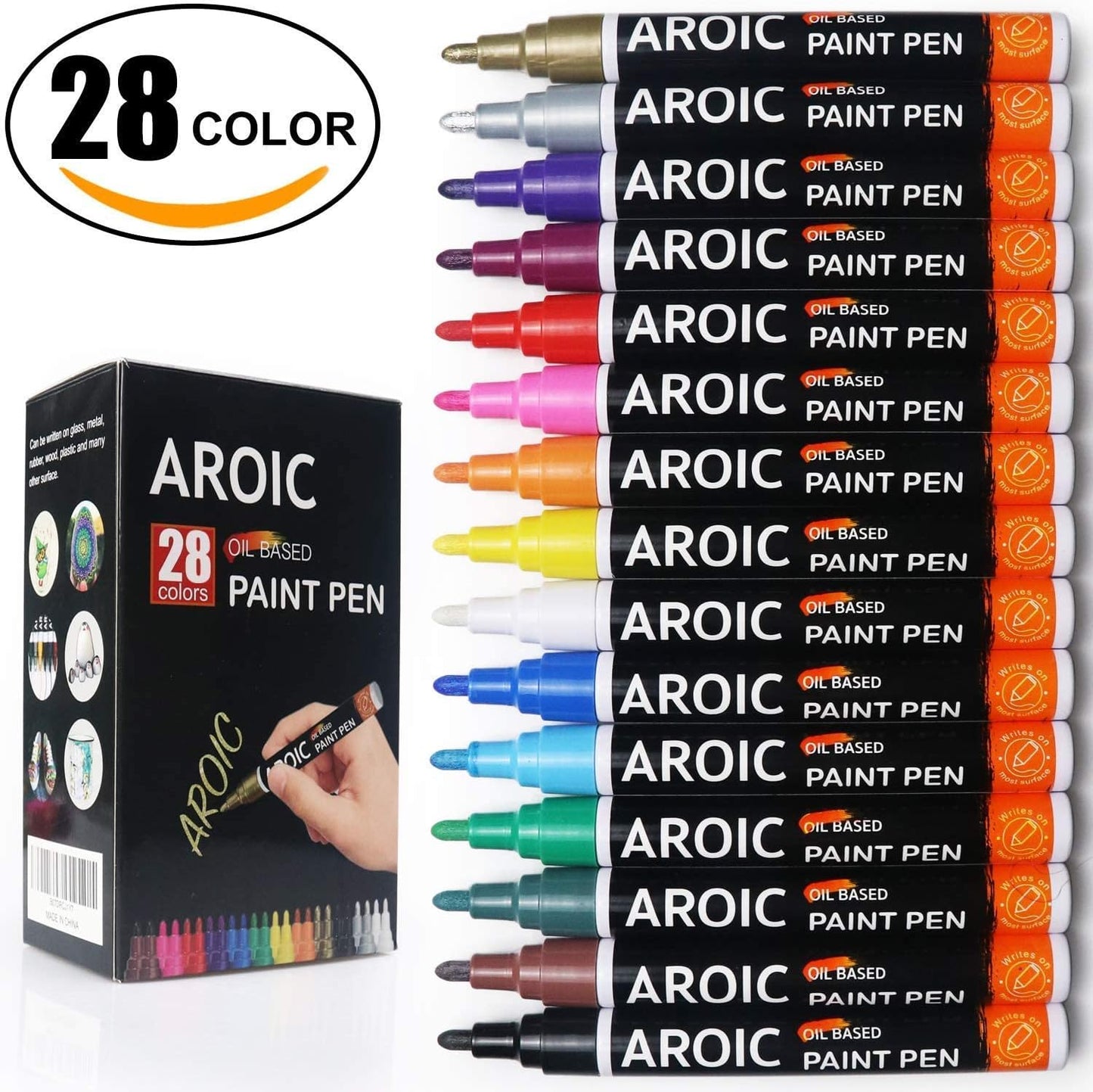 AROIC Paint Markers, 28 Colors Oil-Based Waterproof Paint Marker Pen Set.Quick Dry and Permanent Painting Markers Set for Rock, Wood, Metal, Plastic, Glass, Canvas, Ceramic & More! Safe and odorless.