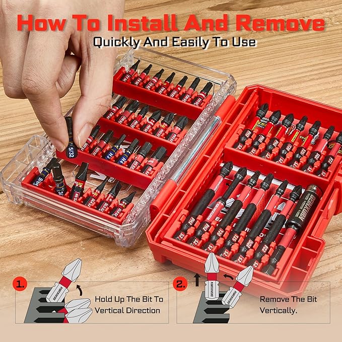 42Pieces Impact Screwdriver Bits Set, Magnetic S2 Steel Phillips/Slotted/Square/Torx Insert Power Bits Tips, Impact Bit Holder with Red Storage Box Case