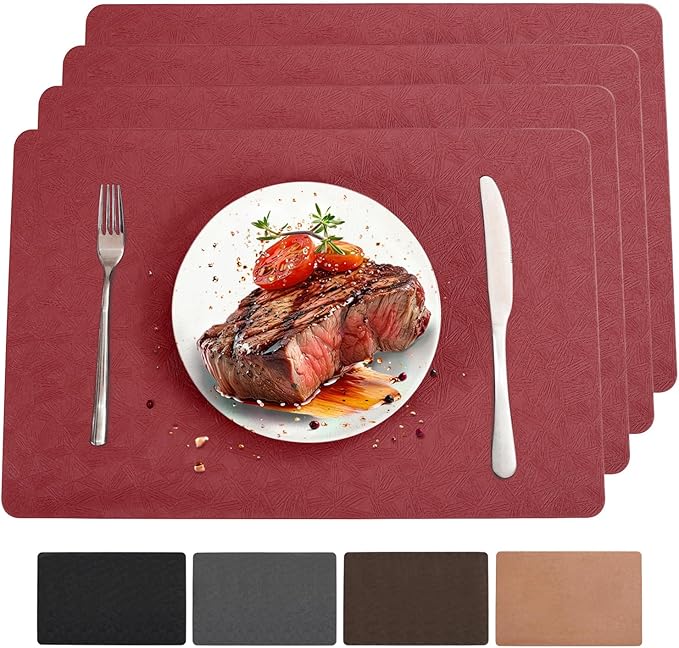 Vinyl Placemats Set of 4 Heat Resistant Easy Clean Non-Slip Place Mats for Dining Table. Faux Leather Waterproof Stain Resistant Wipeable Washable PU Table Mats(4, Red)