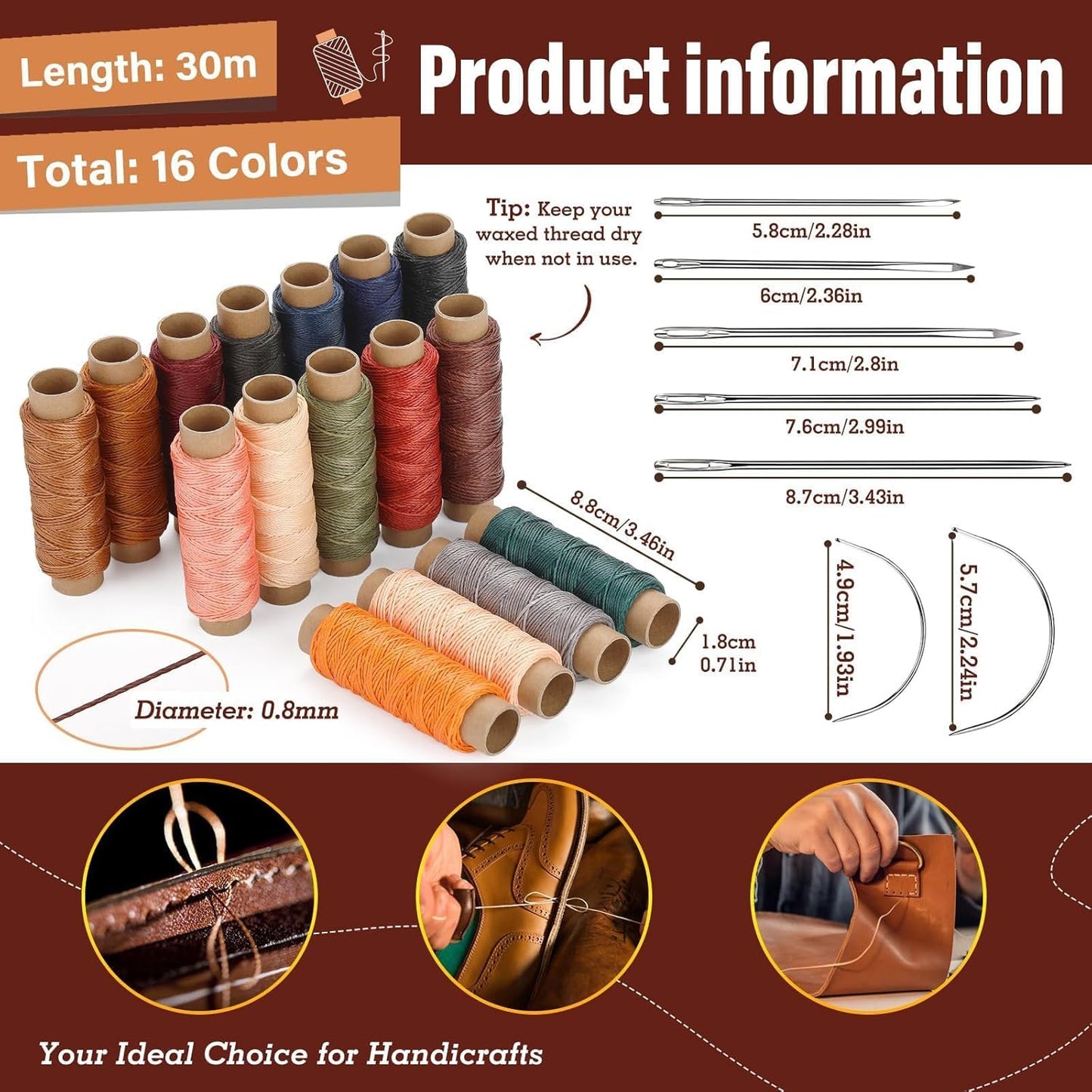 0.8 mm Leather Sewing Thread, 16 Colors 32 Yards Waxed Thread, Round Waxed Thread, Wax String for Bracelet Making, Sewing Stitching, Bookbinding, Braiding