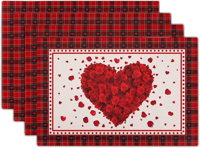 Giwawa 4PCs Valentines Day Placemats 12x18 Inch Love Hearts Rose Flower Place Mat Red Black Buffalo Plaids Non Slip Heat Resistant Table Mats for Kitchen Dining Holiday Wedding Anniversary Decor