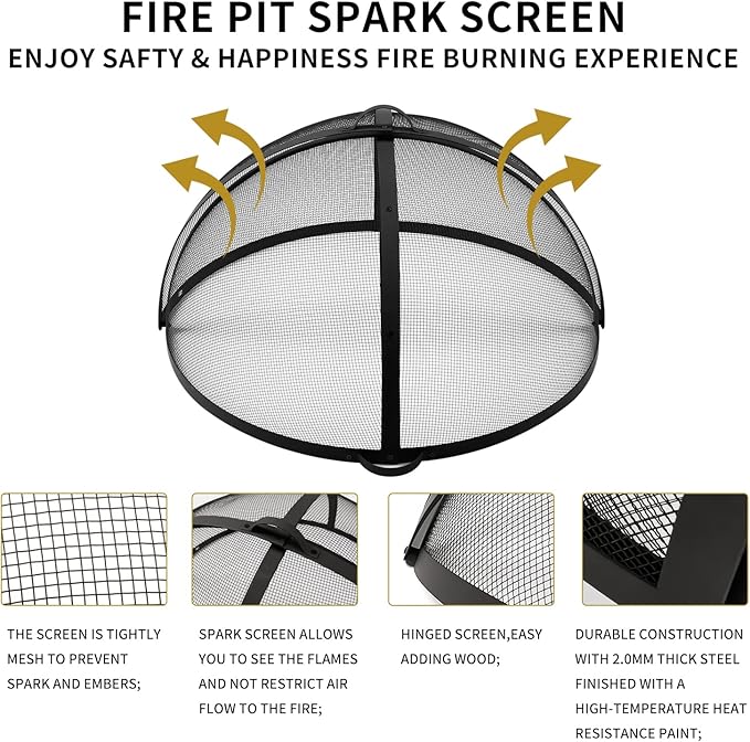 Outdoor Fire Pit Spark Screen Cover Accessory, 36In Patio Round Easy-Opening Fire Mesh Screen Guard, Heavy Duty Steel Firepit Ember Lid with Hinge