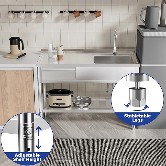 39" 304 Stainless Steel Utility Sink with Faucet – Free Standing Single Bowl Kitchen Sink with Workbench & Drawer Storage, Hot/Cold Water Pipes for Laundry, Farmhouse & Outdoor Use