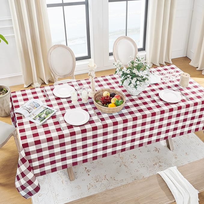 Softalker Gingham Checkered Tablecloth Rectangle - Outdoor Waterproof Buffalo Plaid Table Cloth, Stain Resistant Washable Table Cover for Picnic, Camping, Dining - Burgundy and White, 54 x 78 Inch