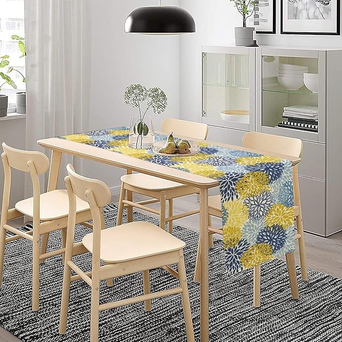 Dahlia Flower Table Runner,Blue Yellow Floral Print Table Runner for Kitchen Dining Table Dinner Holiday Home Party Indoor Outdoor Decor 13x108in