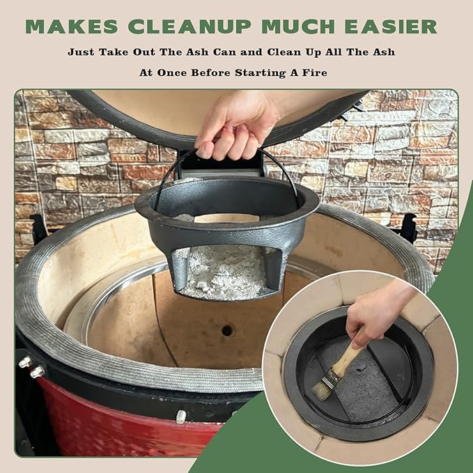 KAMaster Cast Iron Ash Can Fit Kamado Grill Classic Joe,Can Used With Original Slid Out Ash Drawer,Increases Airflow,Ash Can With Foldable Handle Can Use With Fire Grate Or Charcoal Fire Basket