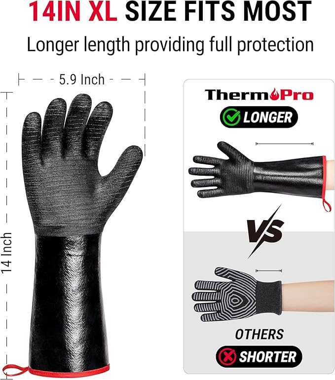 ThermoPro 932°F Heat Resistant BBQ Gloves, 14" Waterproof Oven & Grill Gloves, Oil & Slip-Resistant Neoprene Oven Mitts for BBQ, Fire Pit, Rotisserie, Smoker Accessories Gifts for Men and Women