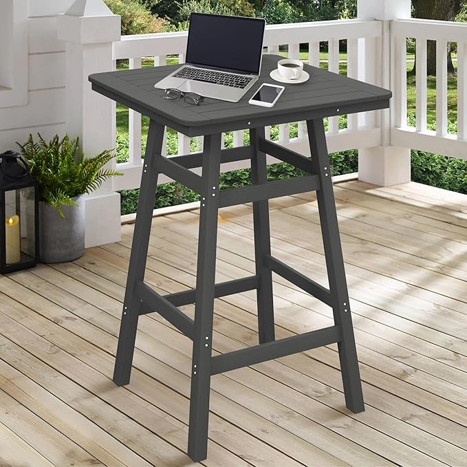 Costaelm Outdoor Bar Table, 42" Counter Height Square Patio Cocktail Bar Table with Umbrella Hole, Patio Bistro Dining Pub Table for Front Porch Deck Backyard Garden, Gray