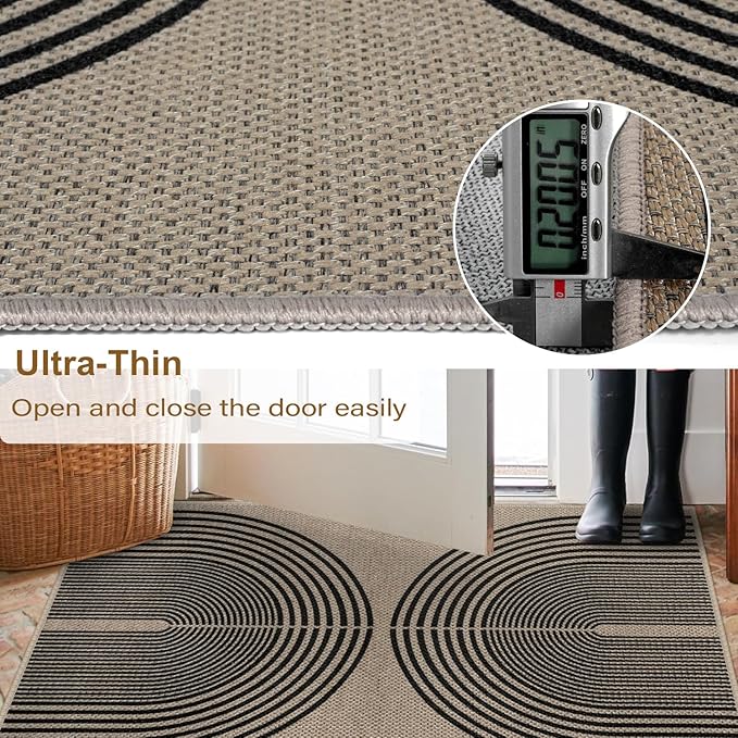 Easy Jute Rainbow Area Rug, 3x5 Indoor Outdoor Entryway Rug Washable Non-Slip Modern Boho Kitchen Rugs, Black and Nature Abstract Throw Carpet for Living Room Patio Kids Room