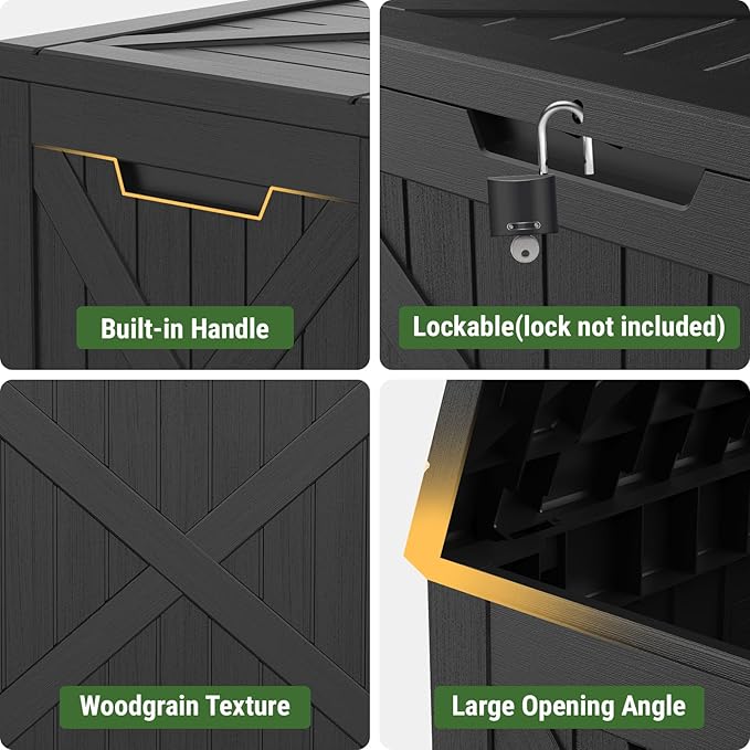 Mars Villa 31 Gallon Barn Style Deck Box, Outdoor Storage Box Waterproof, Lockable Lid, Weatherproof and UV Resistant Resin Storage Bin for Patio Furniture Cushions, Pool Supplies, Garden Tools, Black