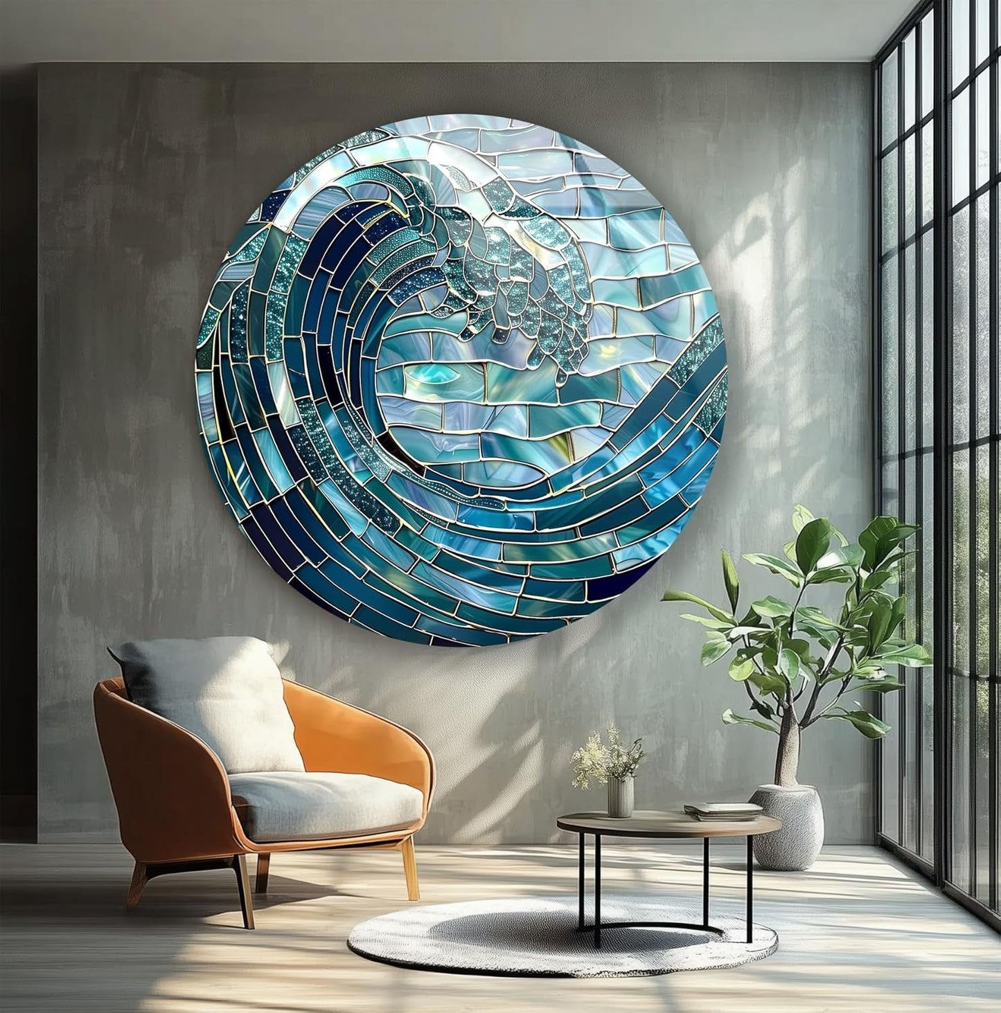 My Photostation.com 24''(60cm) Diameter Ocean Wave in Blue Mosaic Round Glass Wall Art Tempered Glass Printing Wall Decor Large Wall Art Wall Hangings