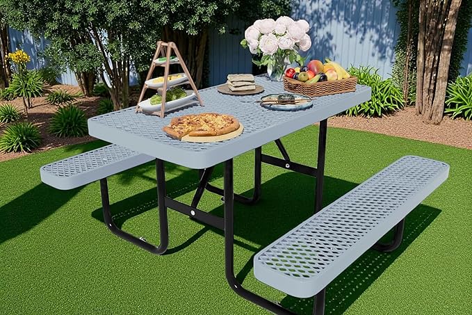 4 FT Heavy Duty Picnic Table with 2 Benches, Expanded Metal Outdoor Patio Dining Table with Umbrealla Hole Commercial Picnic Table,Rectangular Table Furniture Set for Garden, Lawn, Parks