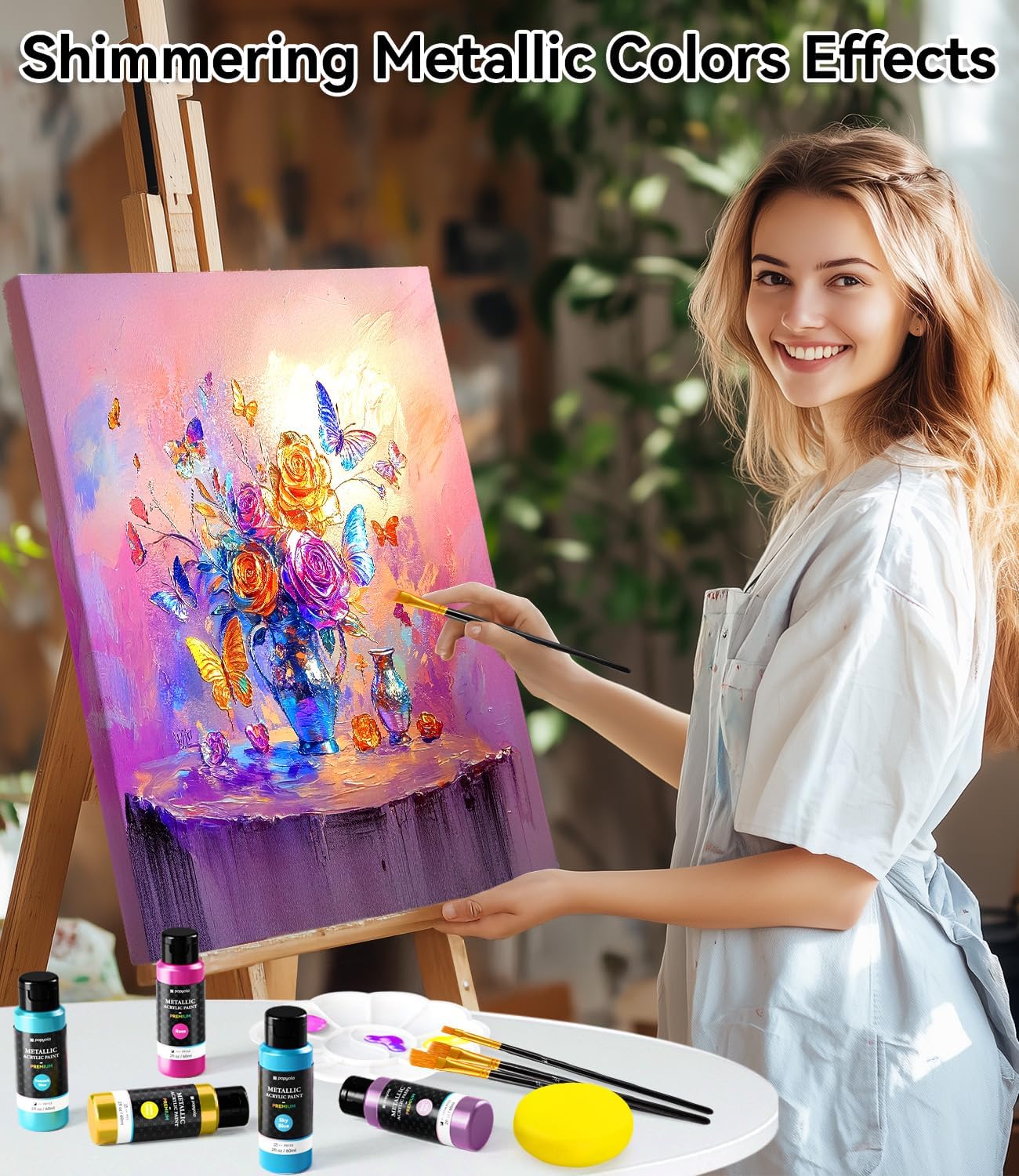 52 PCS Metallic Acrylic Paint Set with 12 Brushes, 2 Knives & Palette, 36 Colors (2oz/60ml) Art Craft Paint for Adults Kids Artists Beginners, Halloween Pumpkin Canvas Ceramic Rock Painting Kit