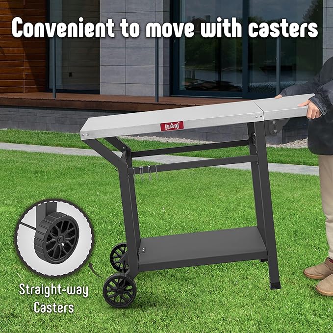Movable Grill Table with Folding Side Table, Pizza Oven Table as BBQ Food Prep Cart with Undershelf for Outdoor & Indoor Use, 43" L x 20" W Stainless Steel Tabletop, Gray
